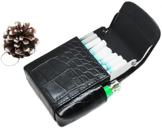 Cigarette Case, Boshiho PU Leather Cigarette Box with Lighter Holder Pouch Flip Top Tobacco Holder Metal Regular 20 Cigarettes Case Great Ideal for Father's Day Gift (Black) - Image 3