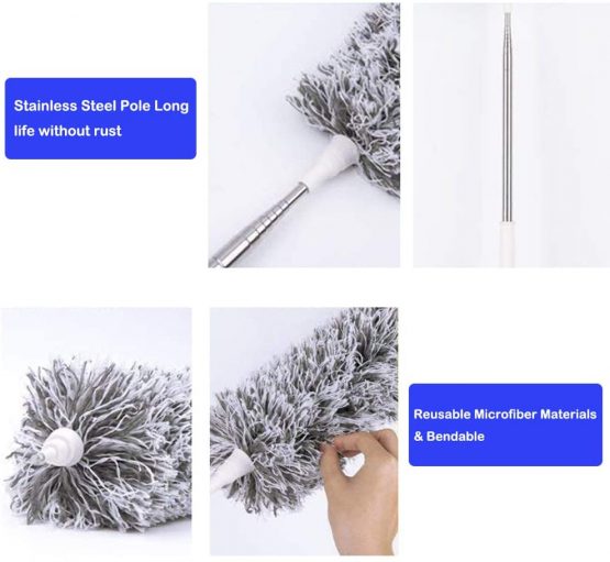 Extendable Feather Duster with Telescopic Pole(Stainless Steel), Extra Long 100 inches,Microfiber Duster with Washable Bendable Head, Hand Duster for Cleaning High Ceiling Fans, Blinds, Cobweb, Cars - Image 3
