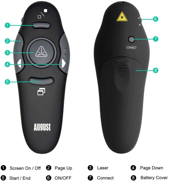 August LP205 - Wireless Laser Pointer Presentation Remote Control - PowerPoint Slideshow for Windows and Mac [Black] - Image 4