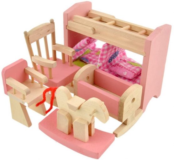 Cisixin Pink Wooden Dolls Toy Furniture Bedroom Pretend Play Toy miniature bedroom set - Image 4