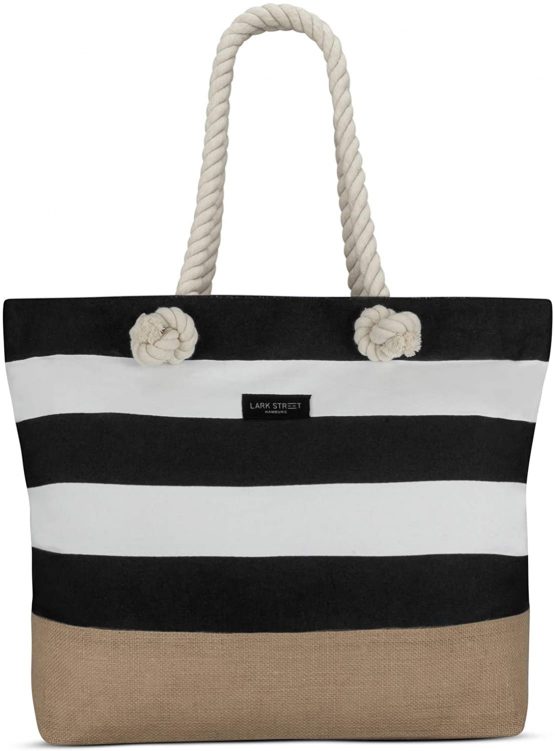 LARK STREET Beach bag for men and women made of robust cotton canvas and jute - bath bag with wide cords for comfortable large bag with zip