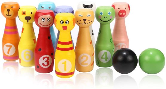 Jacootoys Wooden Bowling Set Skittles Toys with 10 Animal Pins 2 Balls Educational Toy Gift for Kids 2 3 4 5 Years and Up