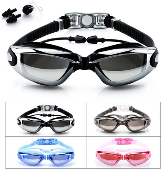 BEEWAY Swimming Goggles, Swim Goggles attached Ear Plugs for Adult Men Women And Kids 8+ - No Leaking, Anti Fog, UV Protection - Free Storage Case, Nose Clip and Earplugs