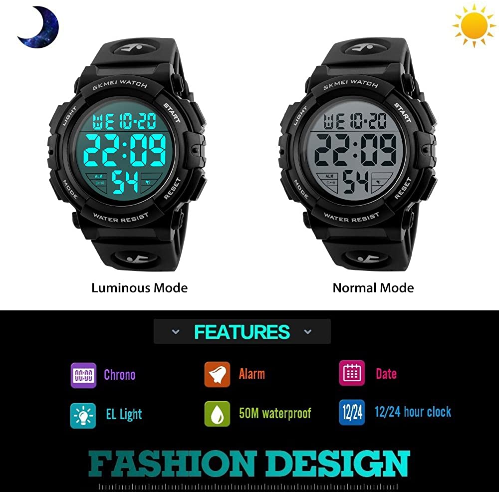 TONSHEN Women's LED Digital Watch Waterproof Outdoor Sport Military 12H/24H Time 50M Water Resistant Large Numbers Watch Plastic Case with Rubber Strap Multi-Function Electronic Stopwatch - Image 4