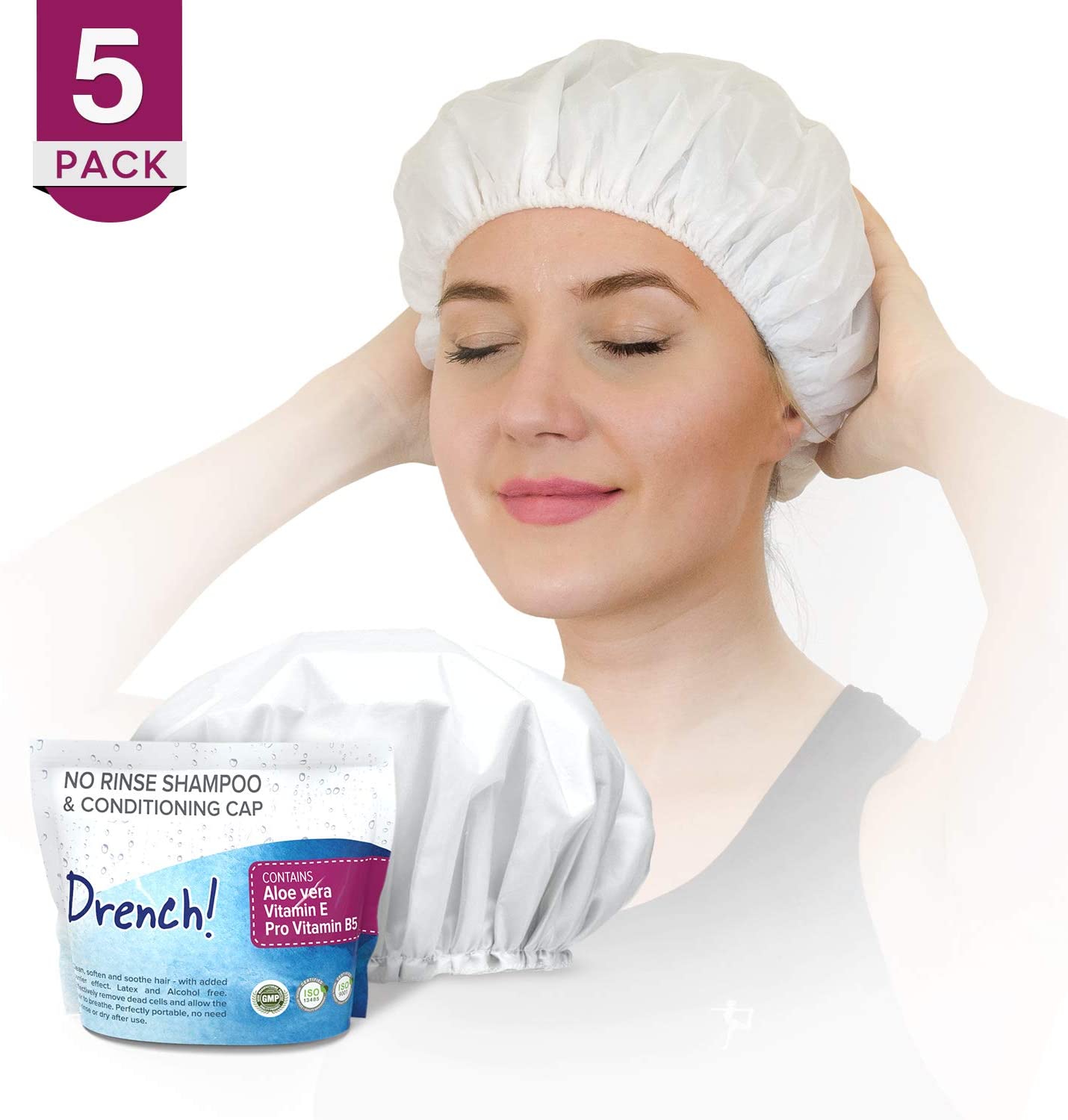 Drench No Water Shampoo Caps 5 Pack Waterless Shampoo and Conditioner Dry Hair Wash Caps for The Elderly or Bedridden Contains Aloe Vera