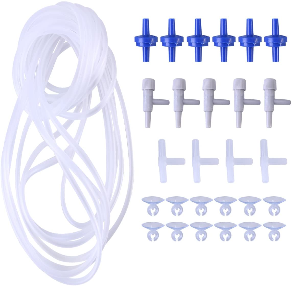 POPETPOP 6M Aquarium Tropical Standard Airline Tubing 12Pcs Suckers 4Pcs Manifold Connection 5Pcs Air Flow Regulating Valve 6Pcs Stop Valve