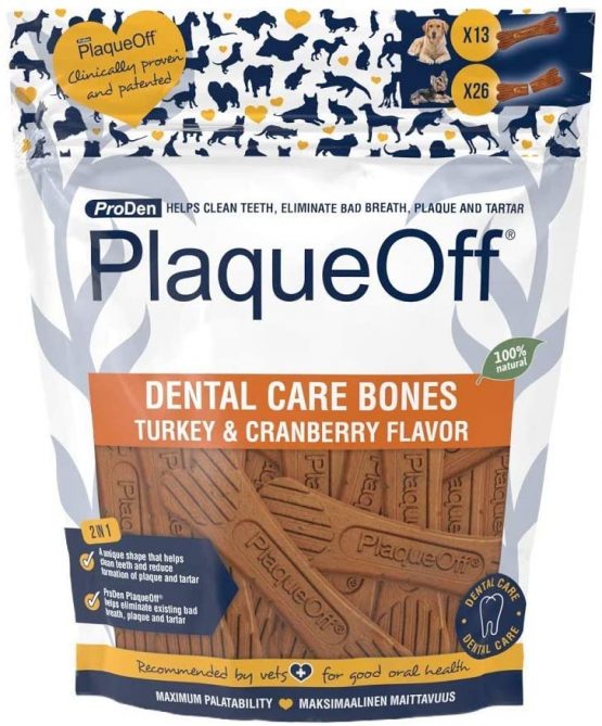 ProDen PlaqueOff Dental Bones Turkey and Cranberry (13 Pack - 485 g), for Dogs, Bad Breath, Plaque, Tartar
