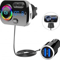 SONRU Newest FM Transmitter Bluetooth 5.0, Bluetooth Car Radio Transmitter Handsfree Car Kit QC3.0 USB Car Charger, Support TF Card AUX Input, Crystal Sound, Color Light, 1.1M Cable, 2 Install Ways