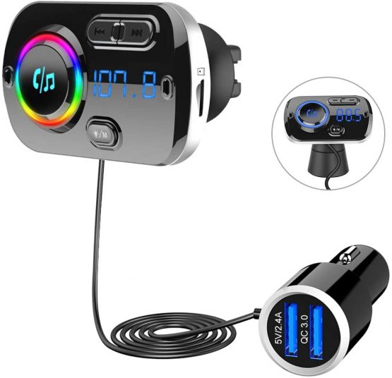 SONRU Newest FM Transmitter Bluetooth 5.0, Bluetooth Car Radio Transmitter Handsfree Car Kit QC3.0 USB Car Charger, Support TF Card AUX Input, Crystal Sound, Color Light, 1.1M Cable, 2 Install Ways