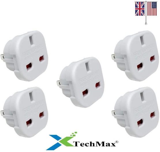 TechMax Pack of 5 UK to US Plug Adaptor 3 pin to 2 Pin Flat Travel Adapter Type G to Type A and B, from UK to USA, Canada, Jamaica, Barbados, Mexico, Thailand, China, Japan and more (White)