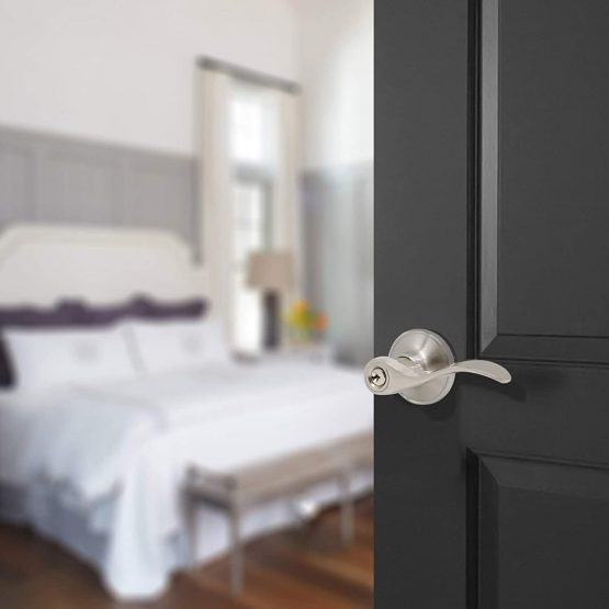 Probrico Stainless Steel Pair Lever Entrance Locker, Satin Nickel Security Door Lock with Key Safe Lockset Exterior Door Handle Knob Wave Style - Image 2