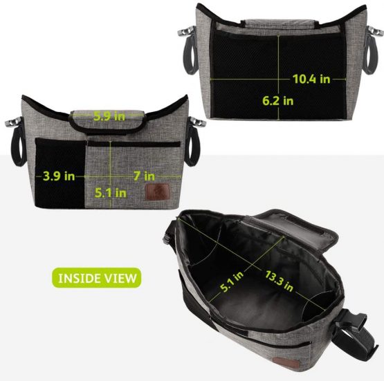 Buggy Pram Bag Organiser, 11L Large Capacity for Baby Accessories with 2 Deep Cup Holders & Shoulder Strap Used as Carry-On Handbag-Universal Fit All Buggy Models (Grey) - Image 4