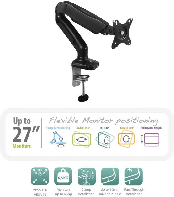 Ewent Gas Spring Table Mount for 1 Monitor up to 32 Inches with VESA Mount Black - Image 3
