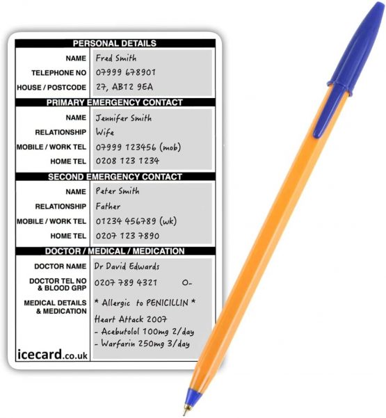 Emergency Contact Card Pack - ICEcard Standard Health & Safety in Case of Emergency (I.C.E.) ICE Card Pack with 1 Card, 2 Key Rings & 2 Stickers. - Image 3