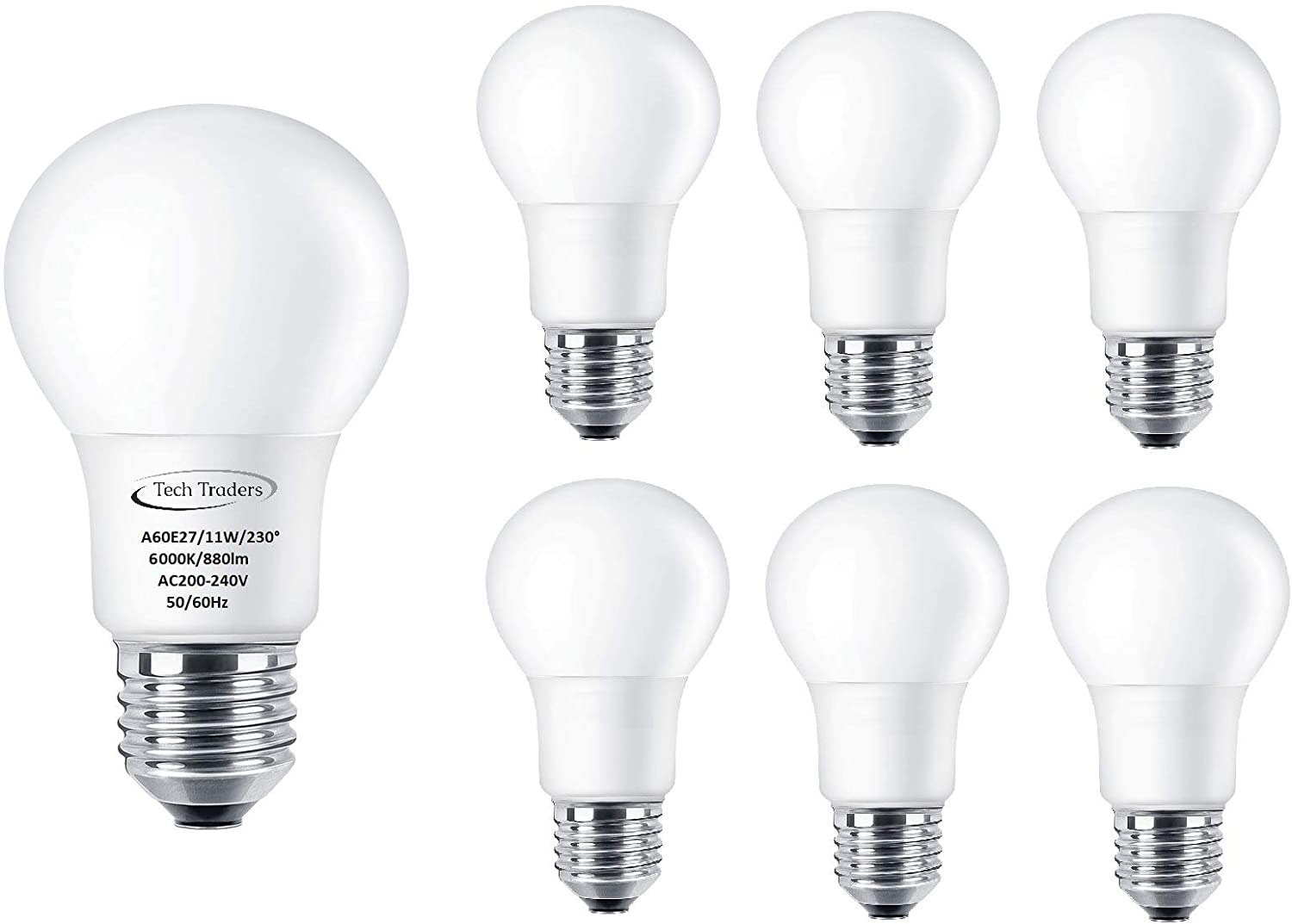 Tech Traders A60E27-TP013-11W80C-230 LED Bulb, Plastic, 11 W, Cool White 11w(6000k), Pack of 6