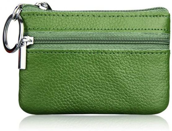 Hibate Mini Coin Purse Holder Wallet Leather Purses for Women Men Kids Zipper Pouch with Key Ring - Green