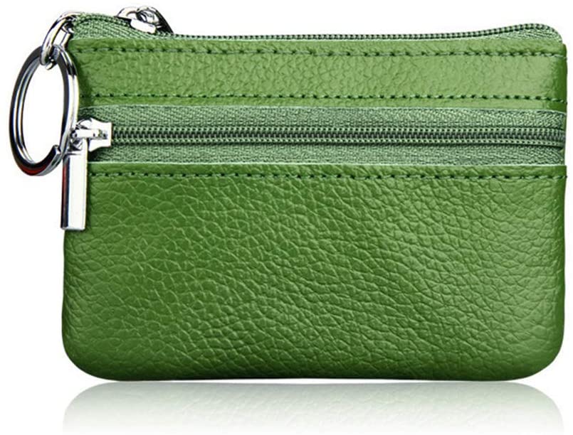 Hibate Mini Coin Purse Holder Wallet Leather Purses for Women Men Kids Zipper Pouch with Key Ring Green 