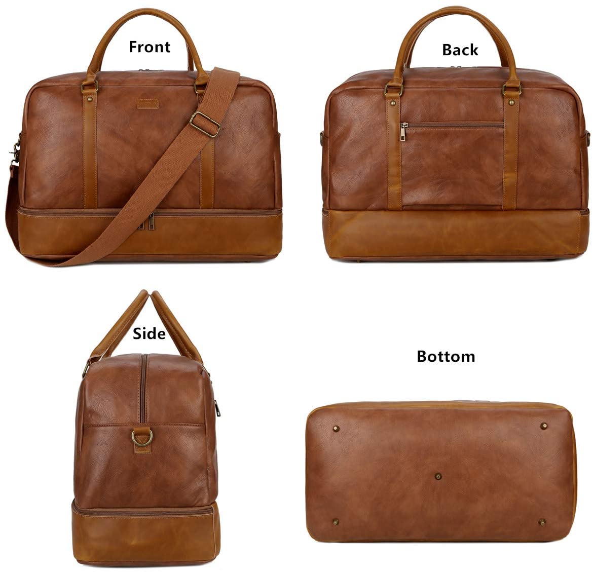 BAOSHA Faux Leather Travel Holdall Carry On Weekender Bag Overnight Travel Duffel Tote Bags for Men and Women with Shoe Compartment HB-38 (Brown) - Image 3