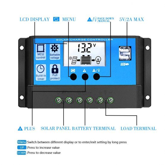 Solar Charge Controller 20A 12V/24V PWM Auto Paremeter Adjustable LCD Display with Dual USB Load Timer Setting ON/Off Hours Solar Regulator - Image 3