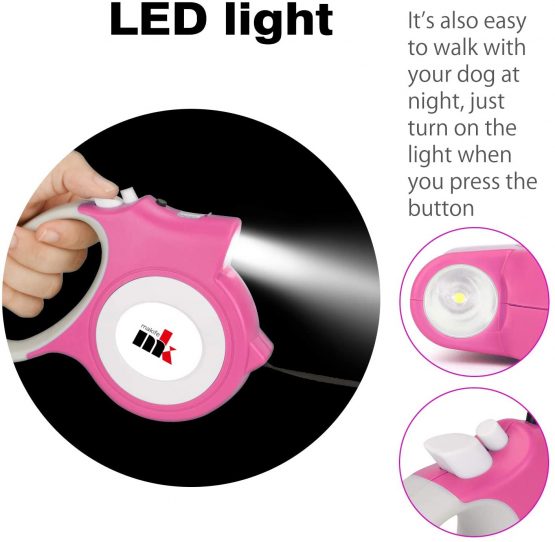 Makife Retractable Dog Lead Dog Leash for Small Dog up to 25kg Dog Pet, 5m Strong Dog Walking Leash with LED Light, 15pcs Dog Poop Waste Bags with Dispenser - Pink - Image 3