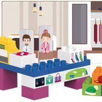 BIOBUDDI BB-0137 Building Fashion Shop Play Set, 19 Blocks, 9 Push-Out Cards, Multi-Coloured