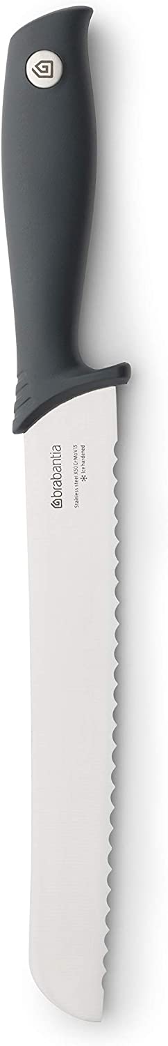 Brabantia Tasty+ Bread Knife (Dark Grey) Hardened Steel Long Serated Blade Kitchen Knife