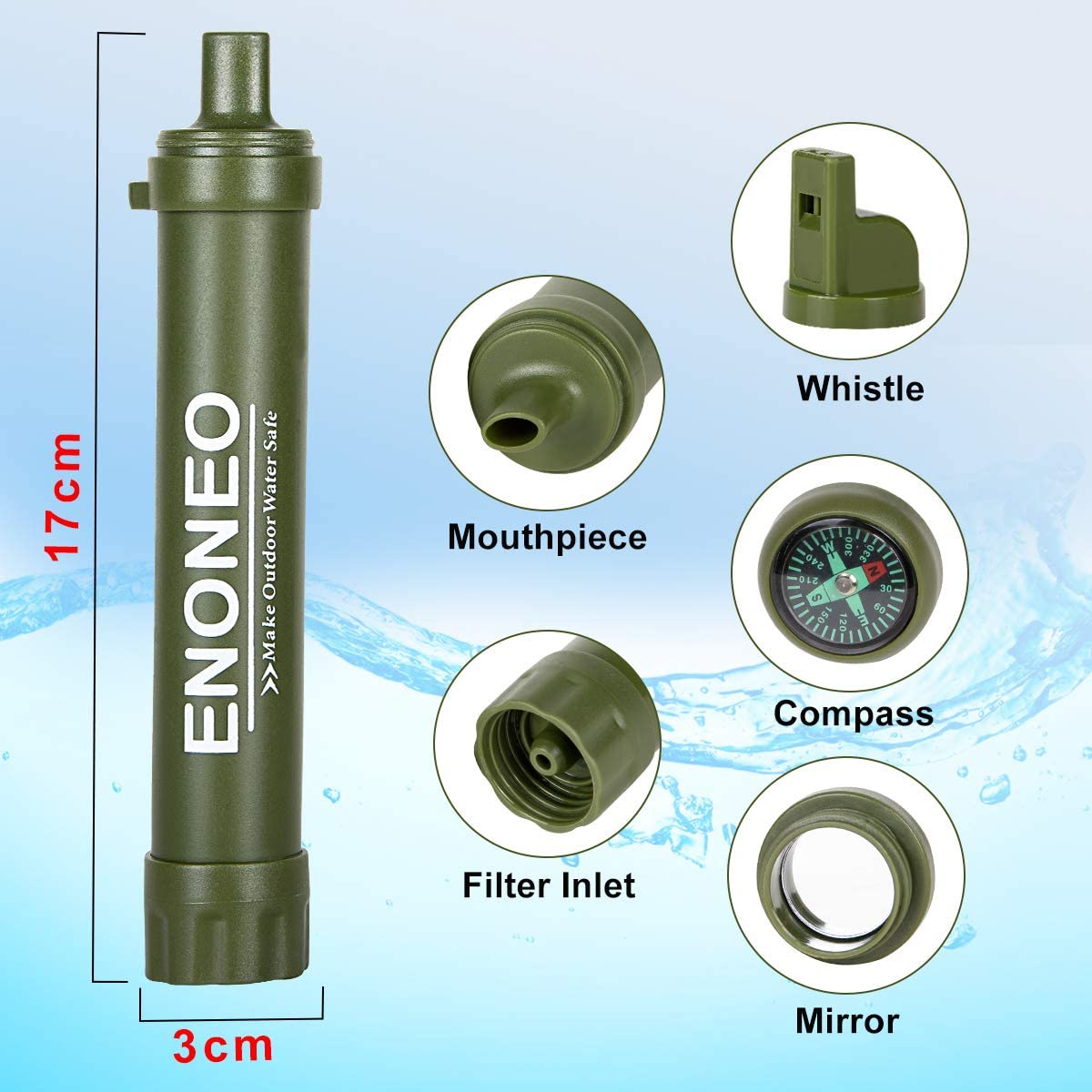 ENONEO Personal Water Filter Straw 1500L 4 in 1 Outdoor Survival Water Purification Straw Remove 99.99% Bacteria & Protozoa with Whistle,Compass,Mirror for Camping Hiking Travel Emergency Gear (Green) - Image 2