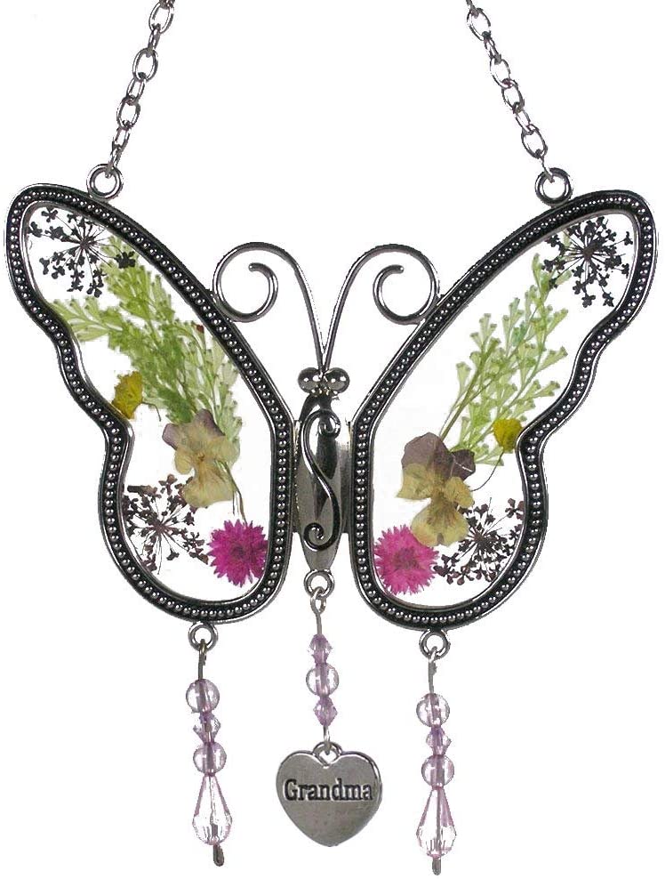 KAKA Store Grandma Butterfly Suncatcher Wind Chimes with Pressed Flower Wings Grandma Mother Day's Butterfly Home Garden Decoration Decor