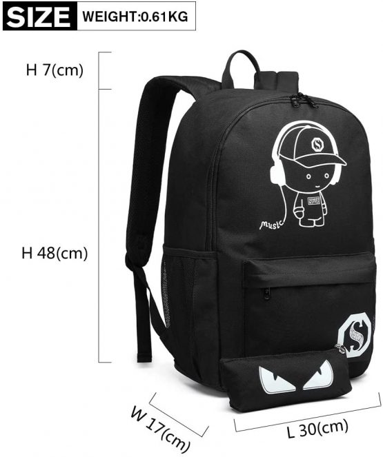 Kono School Backpack Durable 15.6 inch Laptop Rucksack,Waterproof College Anime Luminous Daypack Glow in the Dark (Black Set) - Image 4