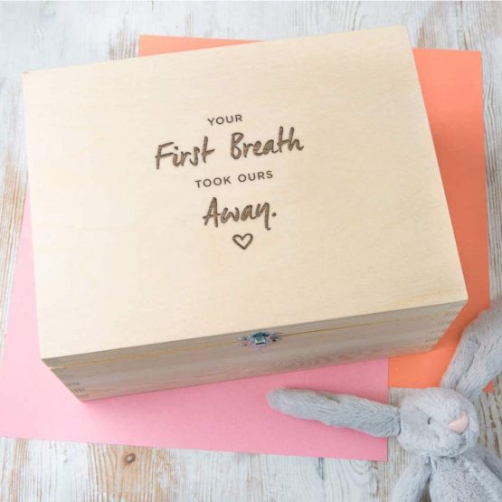 Wooden Engraved Keepsake Box/Baby Keepsake Memory Box/Engraved Gifts for New Parents/Baby's First Christmas/Newborn Girl Boy Gifts (Your First Breath Took Ours Away) - Image 2