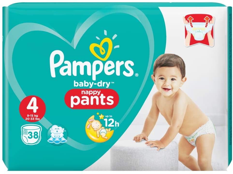 Pampers Baby-Dry Nappy Pants Size 4, 38 Nappies, 9kg-15kg, Essential Pack, 360° Fit To Help Prevent Gaps And Leaks