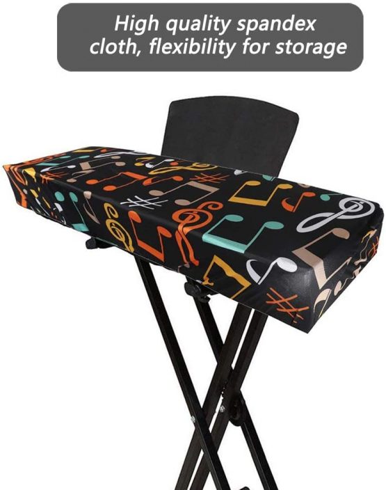 Electronic Piano Keyboard Cover, Stretchy Spandex Dust-proof Cover with Adjustable Elastic Cord Locking for Electronic Keyboard, Music Symbol Print On Black, Suit for 61/88 Keys - Image 2