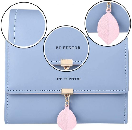 FT FUNTOR PU Leather Wallet for Women RFID-Blocking, Ladies Bifold Leaf Pendant Coin Zipper Small Purse with 5 Card Slots and 1 ID Window Card Holder Organizer (Blue) - Image 4