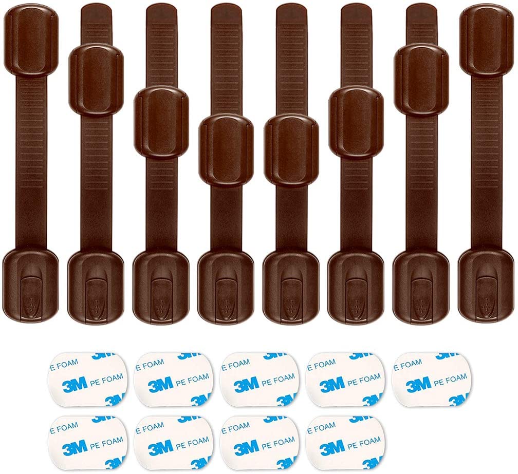 8 Pack Brown Child Safety Locks, SACONELL Baby Proof Cabinets Latches with No Trapped Fingers for Cupboard Drawers, Closet