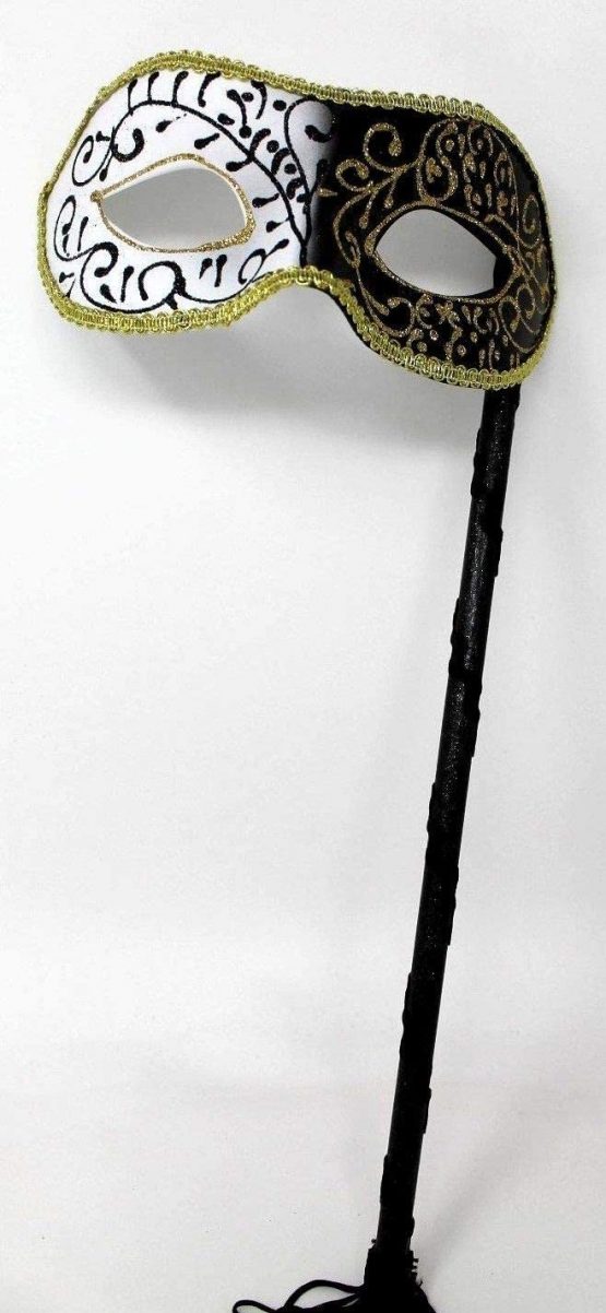 BLACK WHITE & GOLD VENETIAN MASQUERADE HALLOWEEN CARNIVAL PARTY EYE BALL MASK HAND HELD ON A STICK - Image 4