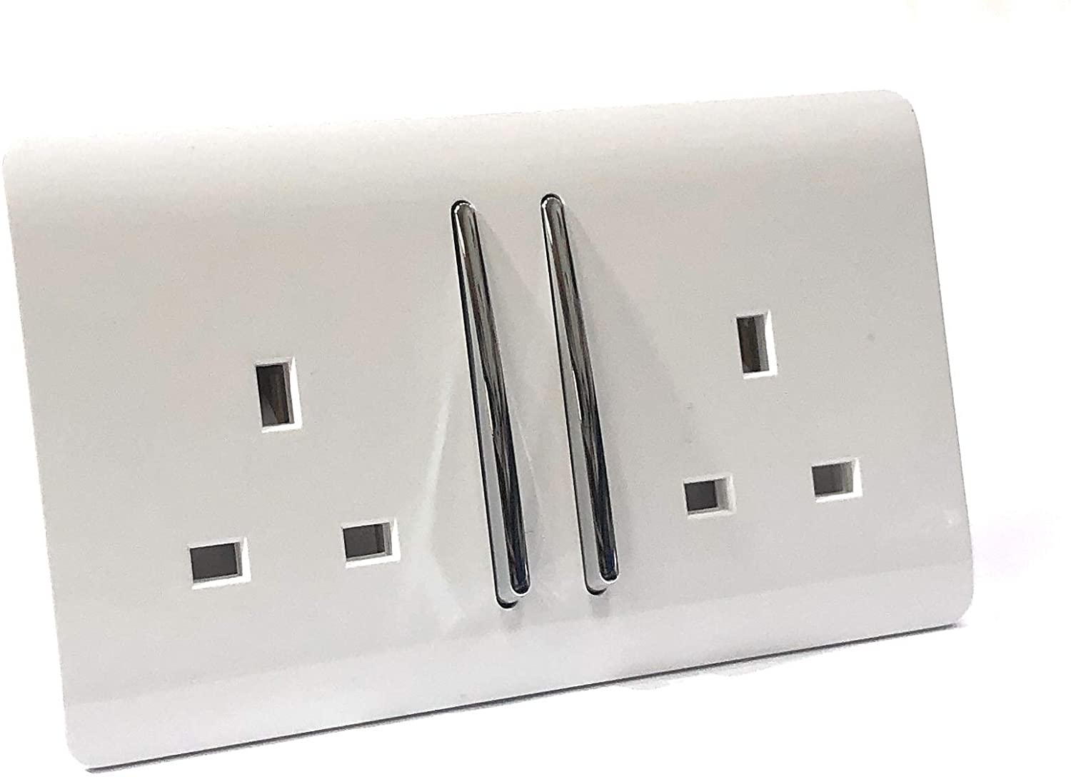 Trendi 2 Gang Raised Artistic Modern Glossy Screwless 13 Amp Single Pole with Chrome Switched UK Standard Electrical Double Wall Plug Socket in Ice White - Image 2