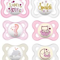MAM Day and Night Silicone Dummies 0-6 Months GIRL Pack of 6 incl. 3 travel boxes