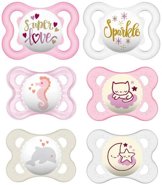 MAM Day and Night Silicone Dummies 0-6 Months GIRL Pack of 6 incl. 3 travel boxes