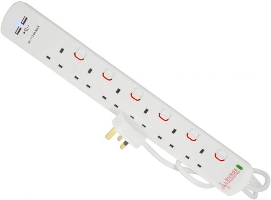 Pro Elec PL15644 2 m 6 Gang 2 USB Surge Protected Extension Lead - White