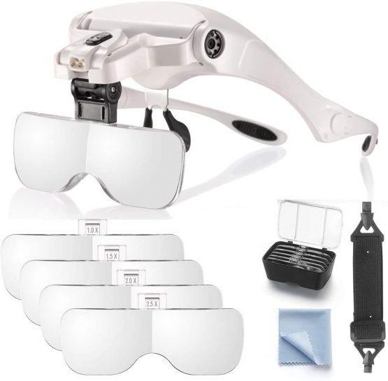 ANDSTON Head Mount Magnifying Glass with 2 Led Professional Jewelers Loupe Light Bracket and Headband are Interchangeable 1.0X,1.5X,2.0X,2.5X,3.5X