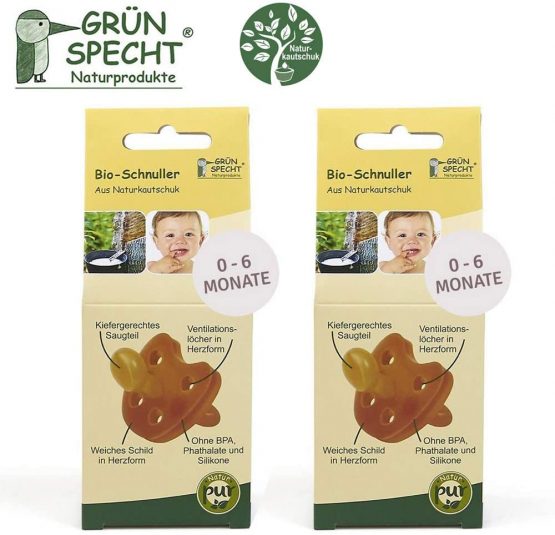 Gruenspecht Bio Dummies Natural Rubber 0-6 Months Set of 2 Soft Heart Shape Orthodontic Shape