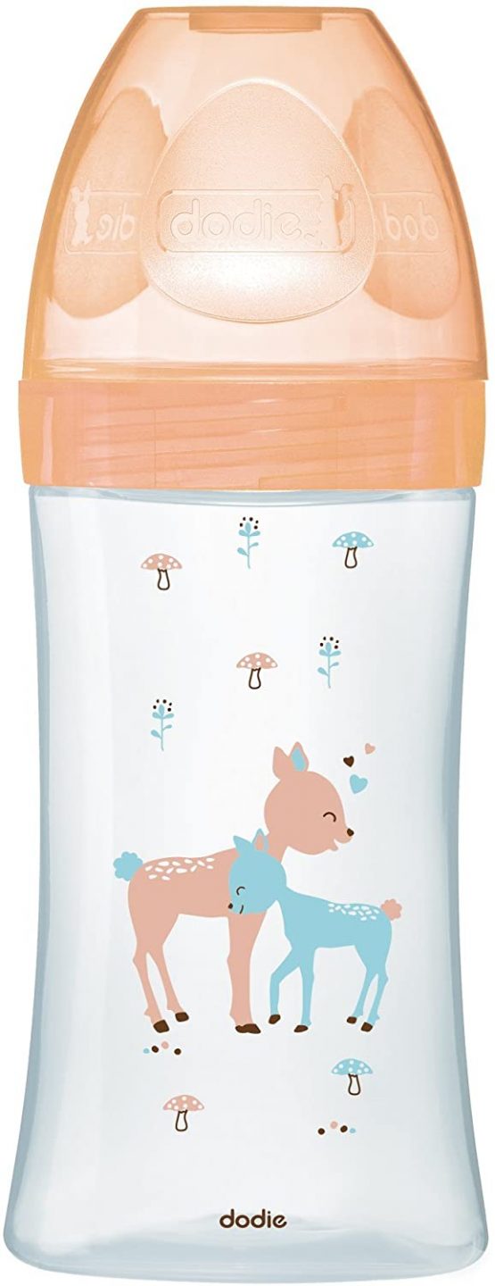 Dodie - Bottle Glass Initiation + 270 ml Beige Deer 0-6 Months, Flat Teat Flow Rate 2, Multi-Colour, 6008148