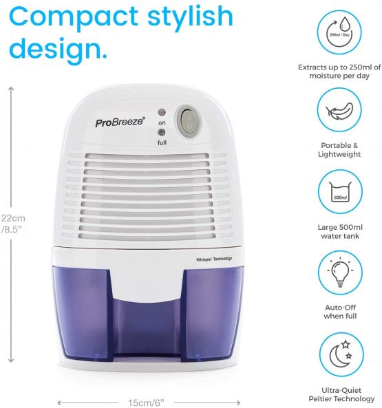 Pro Breeze Dehumidifier 500ml Compact and Portable Mini Air Dehumidifier for Damp, Mould, Moisture in Home, Kitchen, Bedroom, Caravan, Office, Garage, Bathroom, Basement - Image 3