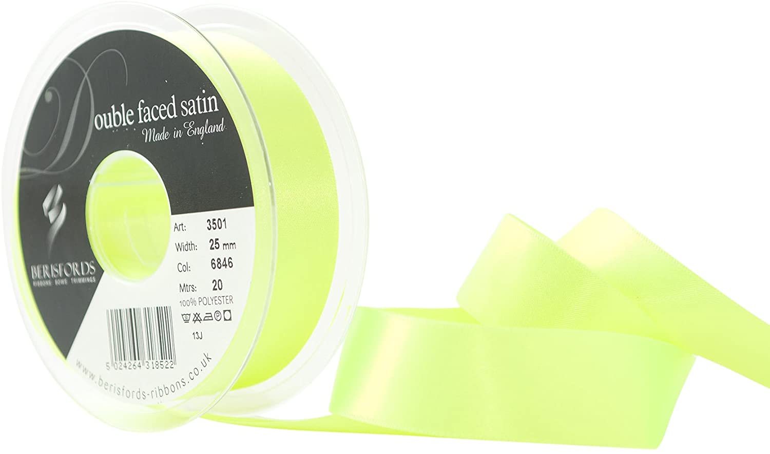Berisfords Ribbon, Flo Yellow, 20 m, 25 mm