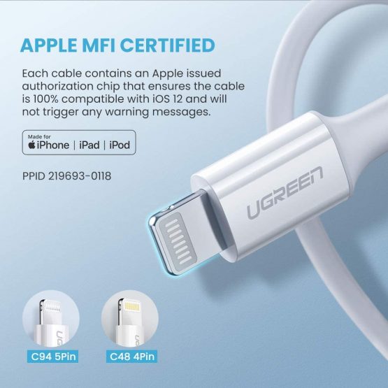 UGREEN USB C to Lightning Cable MFi Certified Lightning Type C PD Fast Charger Data Lead Compatible with iPhone 13 Pro 12 Mini 11 Max XR XS X 8 Plus SE,iPad Mini,Thunderbolt 3 MacBook Pro Air (1M) - Image 4