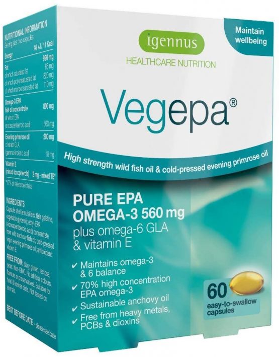 Vegepa Omega-3-6 Essential Fatty Acids, Wild Fish Oil & Evening Primrose Oil, 560mg EPA Omega-3 per Serving, 60 Capsules