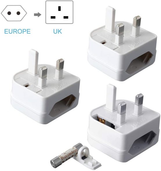 European to UK Plug Adaptor,AIEVE 2 Pin EU to UK 3 Pin Adapter Plug, EU to UK Plug Converter Travel Adapter,Euro Plug Adaptor UK Socket Adapter (3-Pack,White)