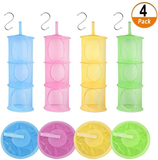 Heqishun 4 Pack Hanging Storage Basket with 4 S Hooks, Foldable Space Saver Bags Organizer Kids Mesh Storage Box Basket for Wardrobe, Bathroom and Kitchen