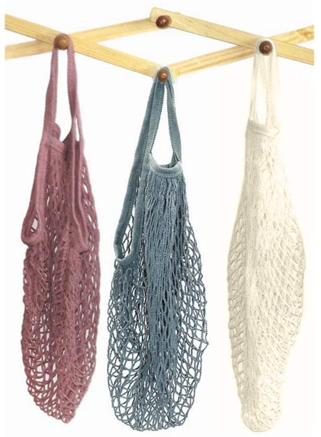 Pveath 3 Pack Grocery Mesh Bags Portable/Reusable/Washable Organic Cotton String Shopping Bags Produce Net Tote Bags with Short Handle Shopping Handbag for Fruit Vegetable Storage (Purple Beige)