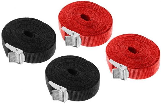 Lashing Strap SAIYU Adjustable Ratchet Tie Down Straps Heavy Duty Tension Belts Cargo Straps with Quick Release Cam for Trucks Bicycle Boat Car Luggage Strap (Red and Black, 4 Pack, 5M*25mm)